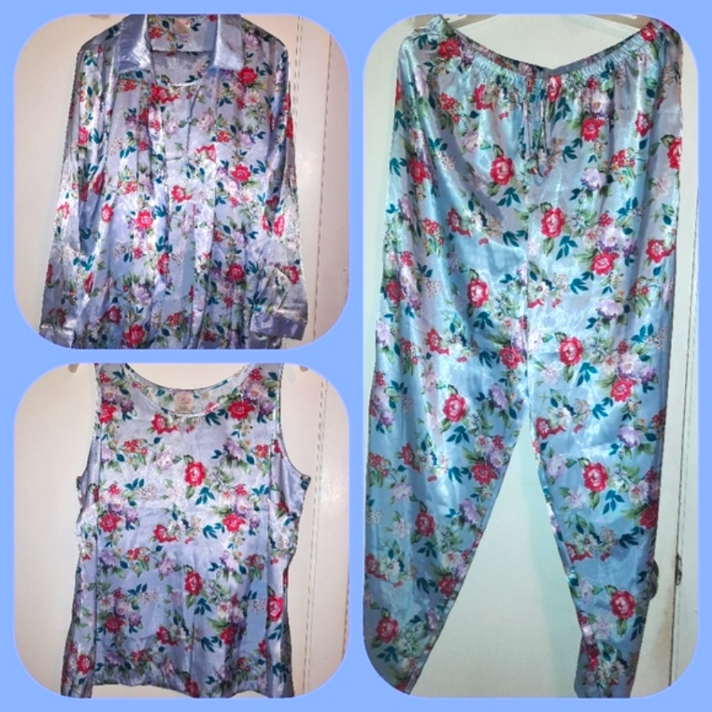 Women's Large (14-16) 3 pcs Floral Blue Tank Top, Button Up Blouse and Pants